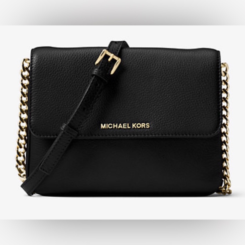 •MICHAEL KORS•BLACK & GOLD BEDFORD DOUBLE GUSSET PEBBLED LEATHER CROSSBODY BAG